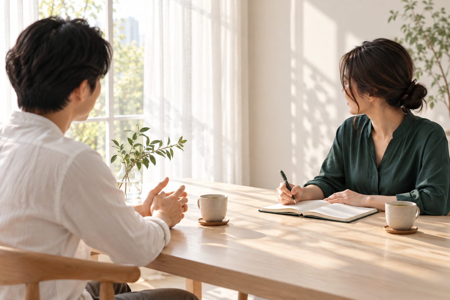 明るい部屋で、木の机をはさんで落ち着いて相談する2人