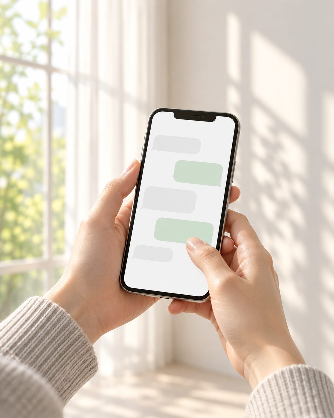 明るい部屋で、チャットの画面を映したスマートフォンを両手で持つ手元